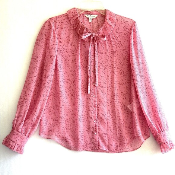 LK BENNETT  LONDON Eliza Pink Dot Bow Ruffle Floaty Feminine Size 10  SemiSheer - Picture 1 of 16